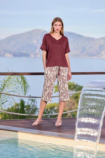 MONAMİSE Women's Patterned and Lace Short Sleeve V-Neck Capri Set 25098
