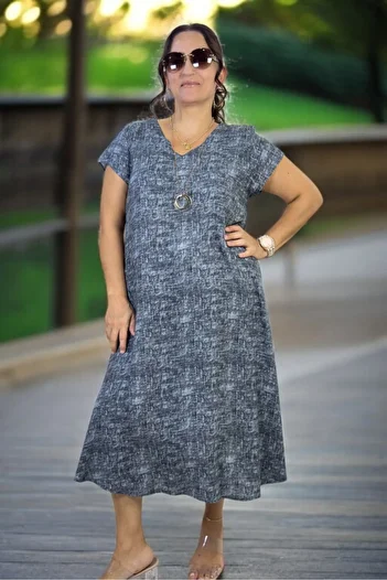 yagmurberen Short Sleeve V-Neck Comfortable Fit Cotton Viscose A-Line Plus Size Dress