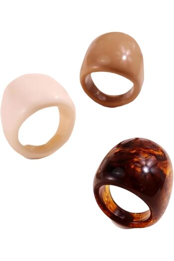 Just Pretty Corner Chunky Dome Rings Set - Resin Material, Tortoise Shell and Neutral Colours - 3 pcs