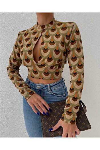 369 etnik butik Retro Patterned Long Sleeve Crop Blouse with Collar Detail