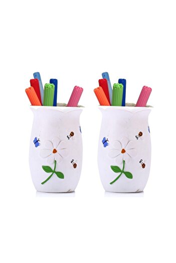 Bosphorus 2 Pieces Pen Holder with Flower Polyresin Model Office Supplies 7X7X10Cm