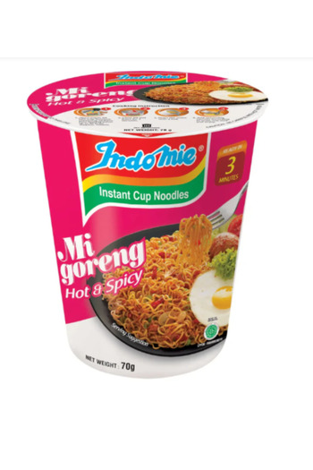 İndomie Instant Cup Fried Noodles, Hot & Spicy with Seasoning Powder and Sauce -70 g x 12