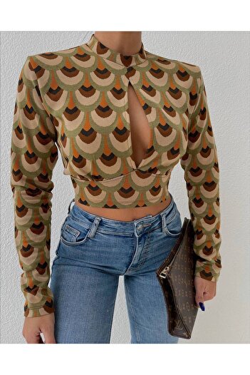 369 etnik butik Retro Patterned Long Sleeve Crop Blouse with Collar Detail