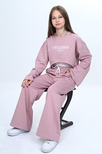 Joui Co Girls' 100% Cotton 3 Piece Tracksuit Set – Modern Crop Top, Wide Sleeve, Sports Combination-182
