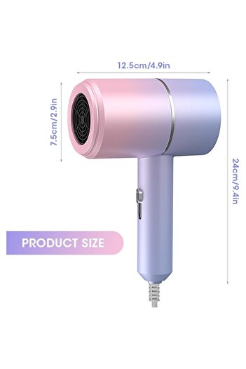 FOXMAG24 Ionic Hair Dryer, 2000W, Fast Drying, Foldable, Removable Head, 2 Temperature Settings, Pink/Purple