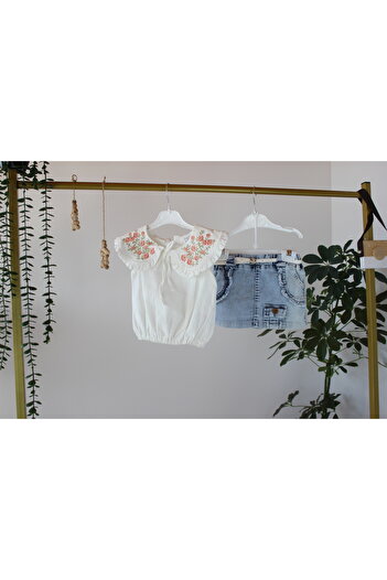 genybaby Baby Girl Floral Print Short Sleeve Blouse and Denim Skirt Set - Summer 2-Piece Set
