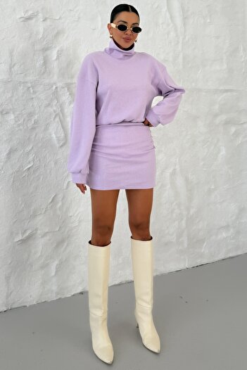 MODAGEN Women's Lilac High Neck Elastic Waist Interlock Mini Dress