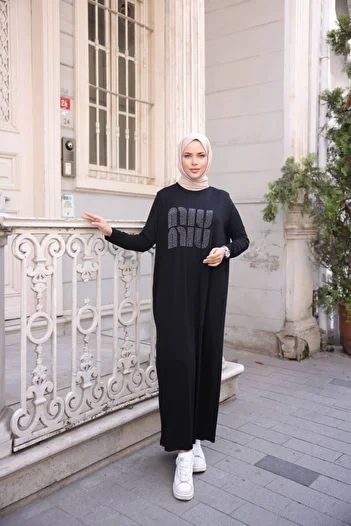 JESSE STORY Women's Vorteks Combed Cotton Hijab Dress with Stone Accessories (Lycra Cotton Fabric)