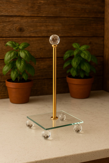MİS KİTCHEN Gold Color Paper Towel Holder with Crystal Stand and Glass Base - Square Model for Kitchen and Tableware Decoration