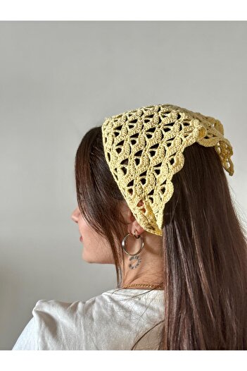 MELUSH Sarı Renkli Desenli El Yapımı Kroşe Örgü Bandana