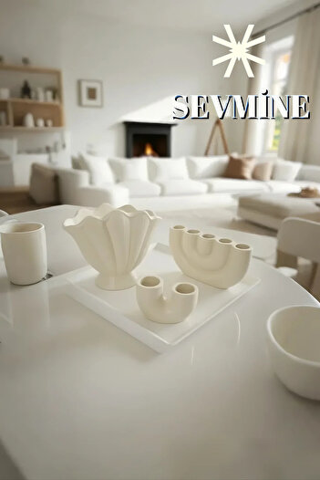 SEVMİNE ✨   Cream Balance 3-Piece Vase & Candle Holder Set – Bohemian & Scandinavian Cream Table Decor
