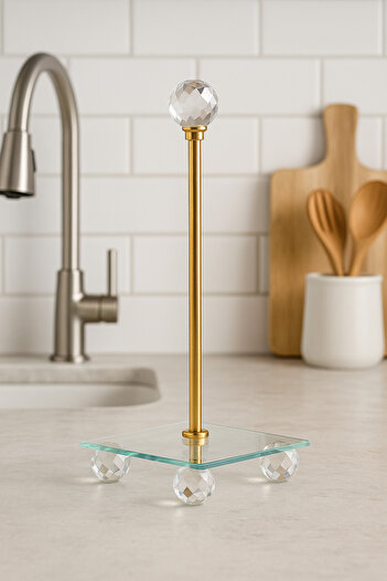 MİS KİTCHEN Gold Color Paper Towel Holder with Crystal Stand and Glass Base - Square Model for Kitchen and Tableware Decoration