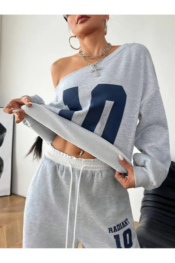 Keywest Women's Gray Boat Neck 10 Printed Sweatshirt White Waist Detailed Sweatpants Double Bottom Top Set