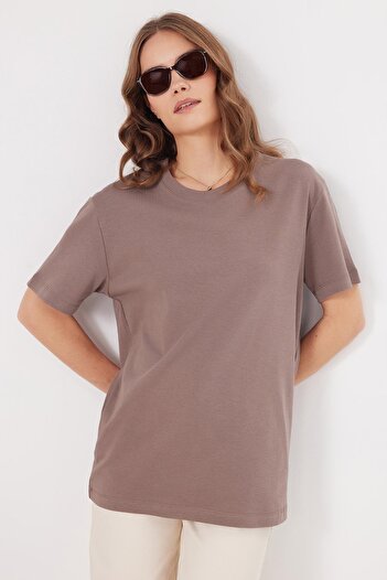 Tudors Women's Relax Fit Comfortable Cut 100% Cotton Soft Textured Lightweight Thick Crew Neck Brown T-Shirt