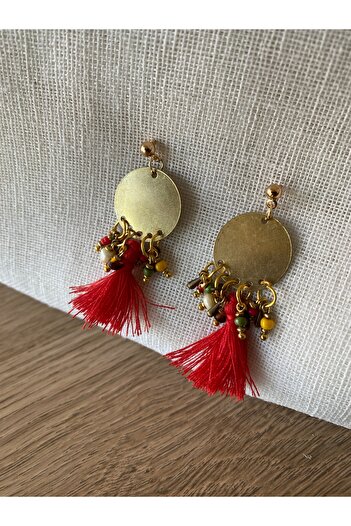 dela otantik Gold Color Bohemian Dangle Earrings with Red Tassels - Handmade Ethnic Authentic Beaded Bijouterie Jewelry