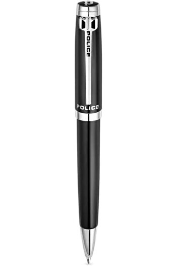 Police Batang Black Stainless Steel Twisted Closure Pen with Silver Trims, Blue Ink - 137 mm