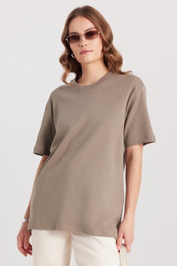 Tudors Women's Relax Fit Comfortable Cut 100% Cotton Soft Textured Lightweight Thick Basic Crew Neck Stone T-Shirt