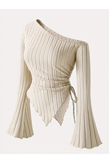 Wild Flower Women's Beige Asymmetrical One-Shoulder Knitwear Blouse – Spanish Sleeve, Drawstring Detail