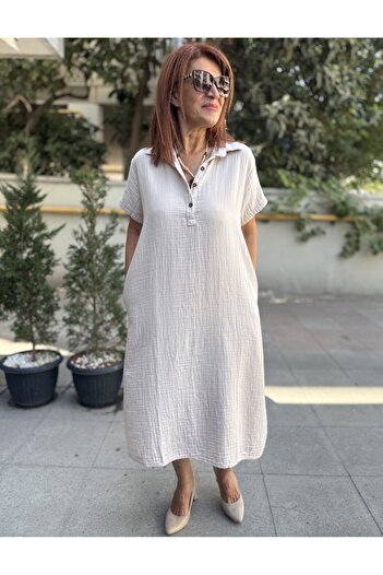 DenizEge V-Neck Muslin Dress Beige