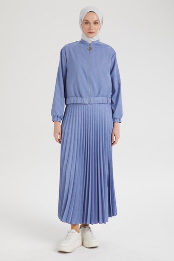 Armine TREND Armine Trend Stripe Detailed Skirt with Elastic Hem and Zippered Pleated Skirt Set Blue 25Yt668