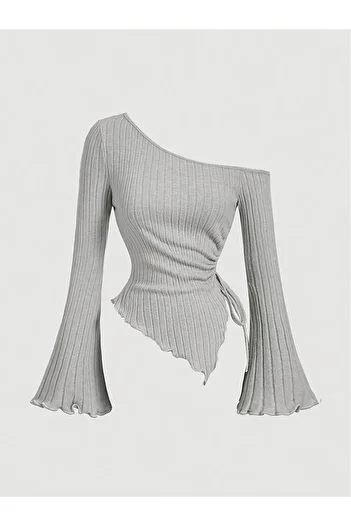 Wild Flower Women's Gray Asymmetrical One-Shoulder Knitwear Blouse – Spanish Sleeve, Drawstring Detail