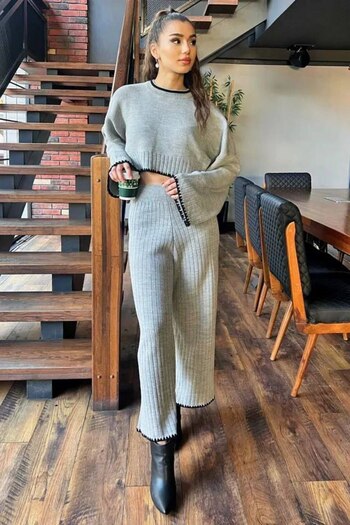 hiraz fashion Women's Gray Shepherd Stitch Double Knitwear Set