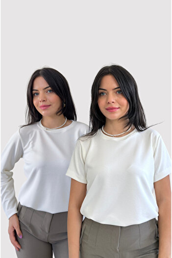 BELTICHA Pack of 2 Women's Bodysuits (Crew Neck Long Sleeve Bodysuit + Short Sleeve Bodysuit) Single Jersey Fabric