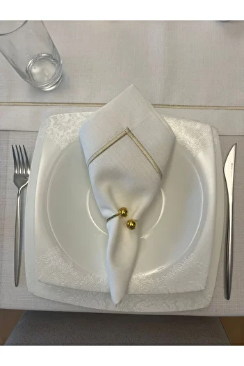 Zeren Home Polyester Linen Gold Pique Detailed Off-White Napkin 40X40 - 6 Pieces