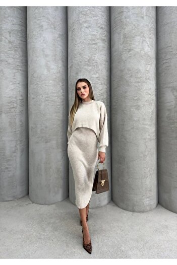hiraz fashion Women's Ecru Strap Dress Blouse Knitwear Set