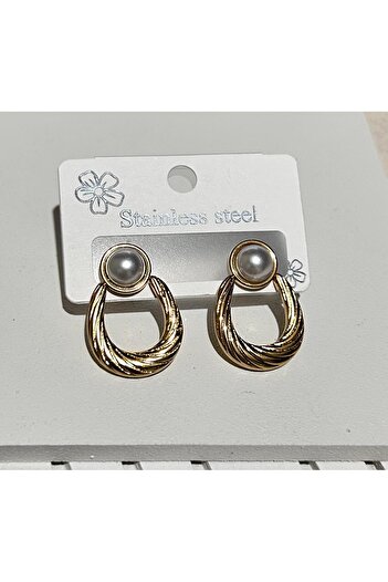 juleeco Pearl Detail Gold Oval Steel Earrings (2.5X2Cm)
