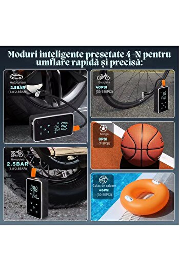 e-Wantay Compresor Auto 6in1 Fără Fir, 150PSI, Baterie 18000mAh, Power Bank, Ecran Tactil, Lanternă 3 Moduri