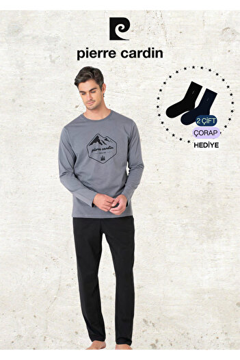 Pierre Cardin Men's 100% Cotton Long Sleeve Patterned Dark Gray Pajama Set (2 Gift Socks) L1.Pc.6097.001