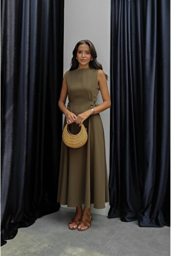 Havoş Khaki Patchwork Belt Detailed Dress