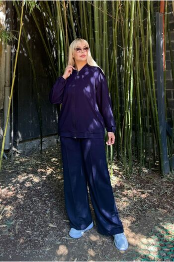 Butik Nilyam Women's Plus Size Flexible Judge Collar Cardigan and Sweatpants Set with Pockets 24901