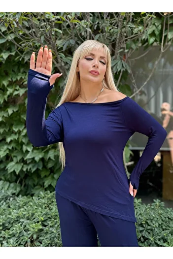 Butik Nilyam Women's Plus Size Boat Neck Asymmetrical Cut Finger Detail Blouse Flexible Pants Set 24903