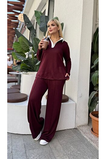 Butik Nilyam Women's Plus Size Shirt Collar Detailed Blouse Flexible Pants Set 24905