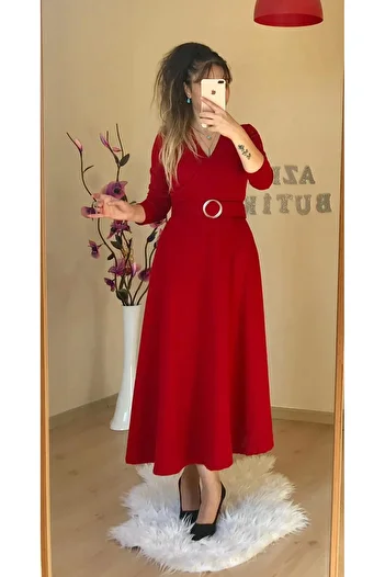 azra moda Ring Belted Knitwear Dress - Red