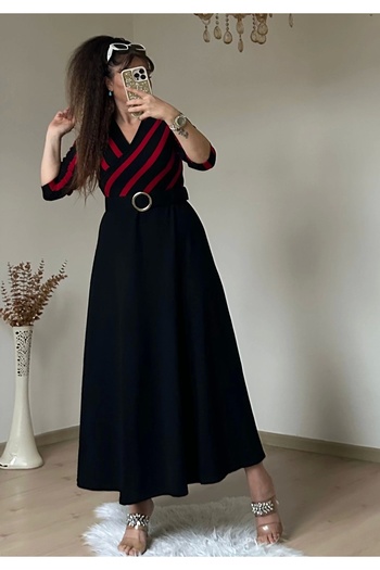 azra moda Red Striped Ring Belted Knitwear Dress