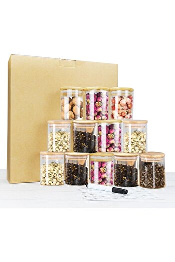 erorex 12 Pcs Glass Spice Jars, Storage Jars Bamboo Airtight Lids, Labels Pens, Kitchen Corners, Sugar,