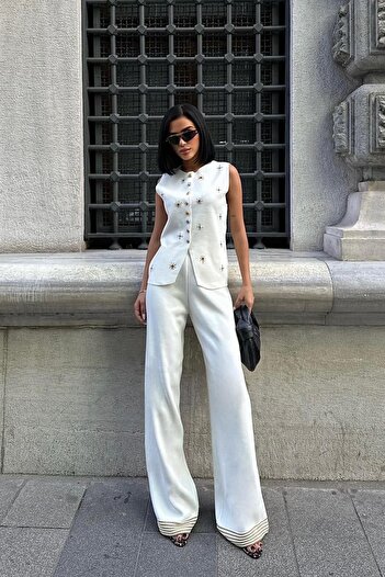 THE VOLER Paulo Gold Buttoned Vest and Trousers Set -Ekru