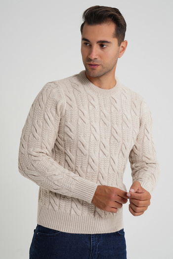 Trist Star Men's Beige Cycling Collar Hair Braided Wool Sweater Trist-5346