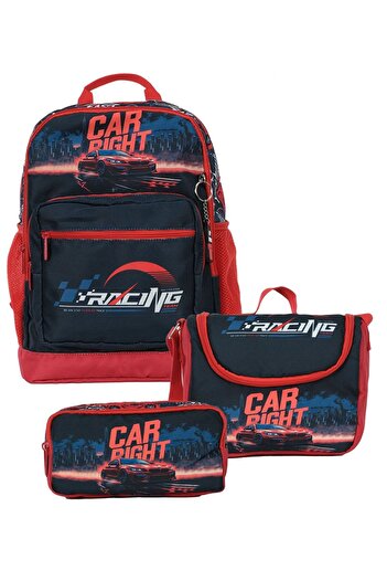 Pippa Boy's Three-Eyed Red/Black Elementary School Triple School Bag Set - Race Car - Ppset5395