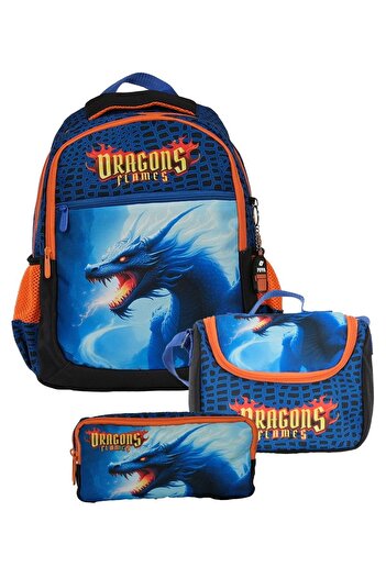 Pippa Boy's Three-Eyed Navy Blue Orange Elementary School Triple School Bag Set - Dragon/Dragon - Ppset528