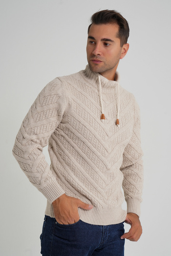 Trist Star Trist Star Men's Beige Tree Patterned Pipe Collar Wool Sweater Trist-5349