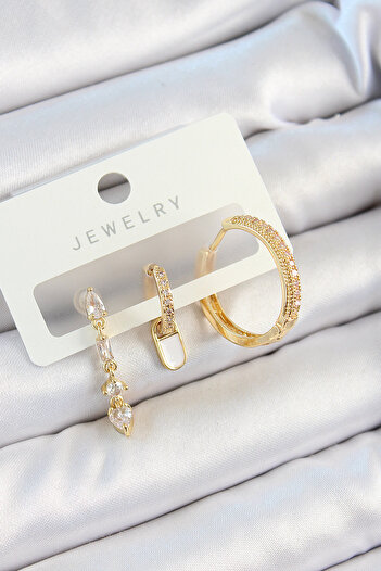 STİLLOVE Brass Zircon Stone Dangle Model Gold Color 3-Piece Double Women's Earring Set