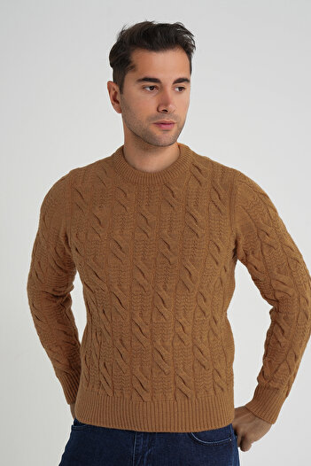 Trist Star Men's Mustard Cycling Collar Hair Braided Wool Sweater Trist-5346