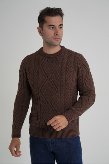 Trist Star Trist Star Men's Brown Baklava Patterned Hair Braided Cycling Collar Wool Sweater Trist-5347