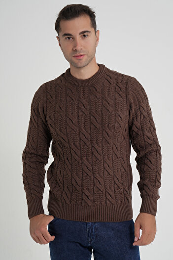 Trist Star Men's Brown Cycling Collar Hair Braided Wool Sweater Trist-5346