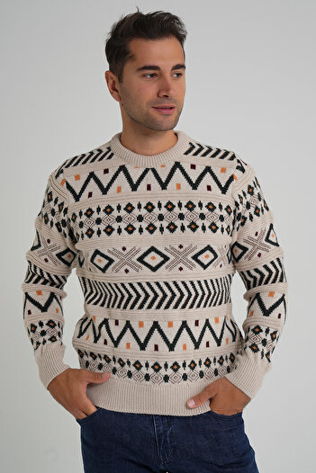 Trist Star Trist Star Men's Beige Jacquard Patterned Cycling Collar Christmas Wool Sweater Trist-5348