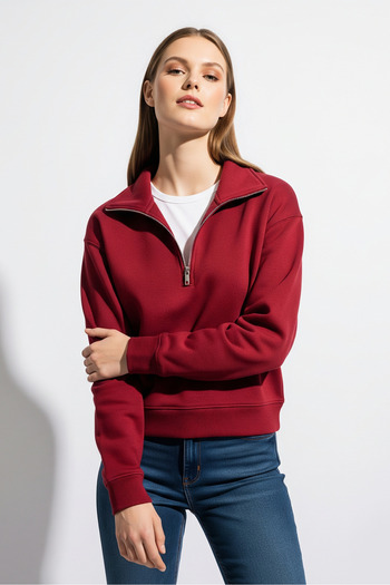 COMBİNE MİCHAİL Men's Half-Zip Loose Burgundy Sweatshirt